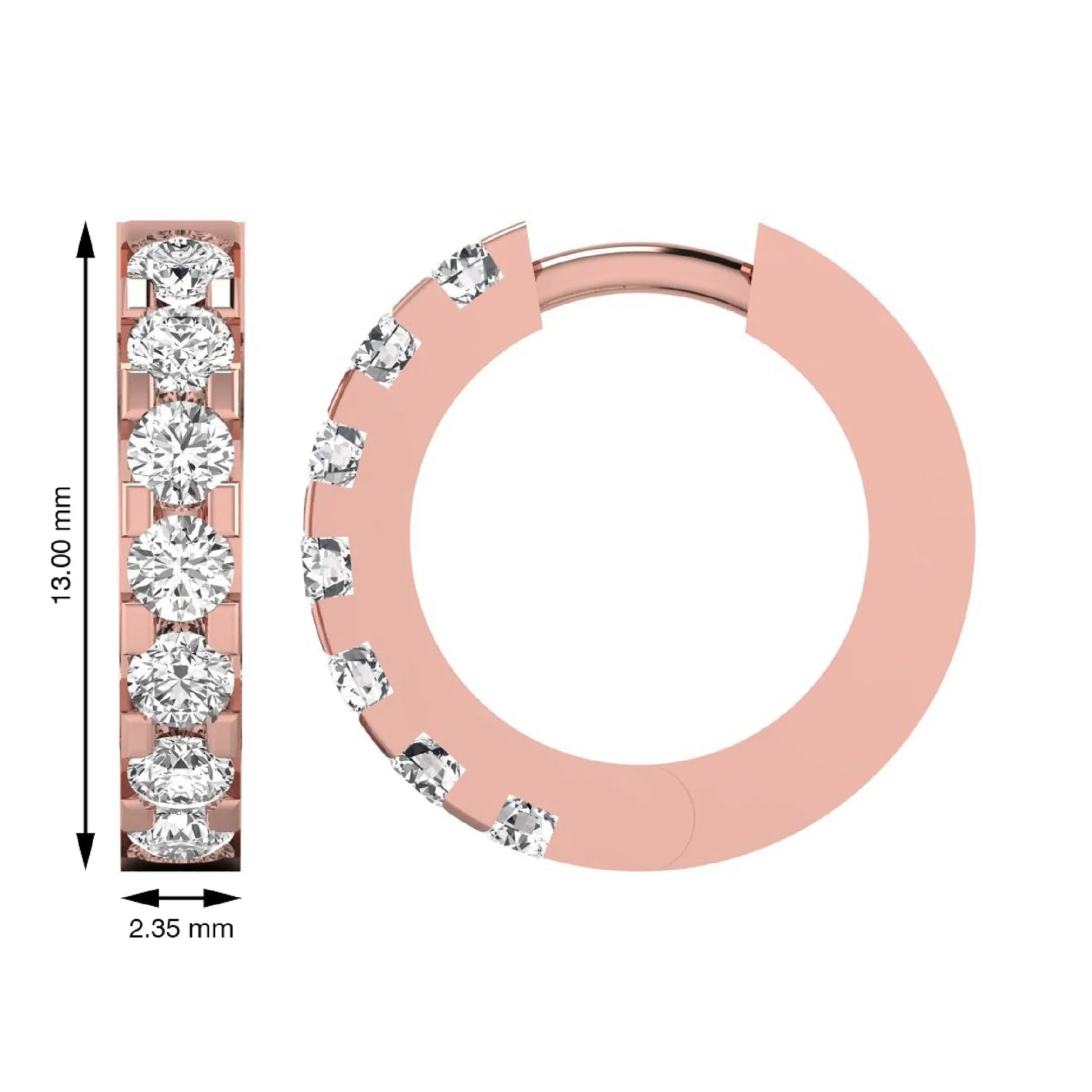 Round cut lab grown diamond prong set hoop earrings with hinged snap closure in yellow rose gold design