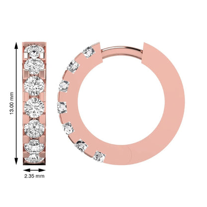 Round cut lab grown diamond prong set hoop earrings with hinged snap closure in yellow rose gold design