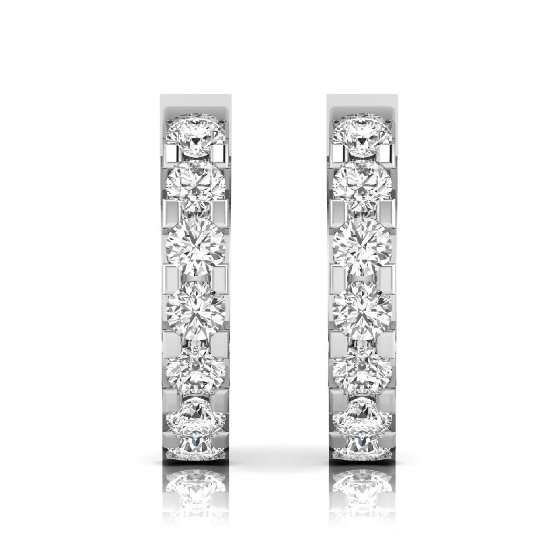 Round cut lab grown diamond prong set hoop earrings with hinged snap closure in yellow white gold design