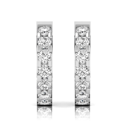 Round cut lab grown diamond prong set hoop earrings with hinged snap closure in yellow white gold design