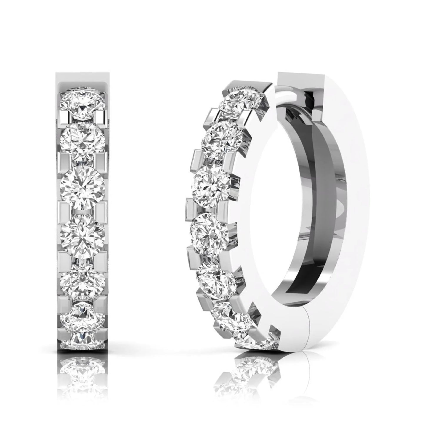 Round cut lab grown diamond prong set hoop earrings with hinged snap closure in yellow white gold design