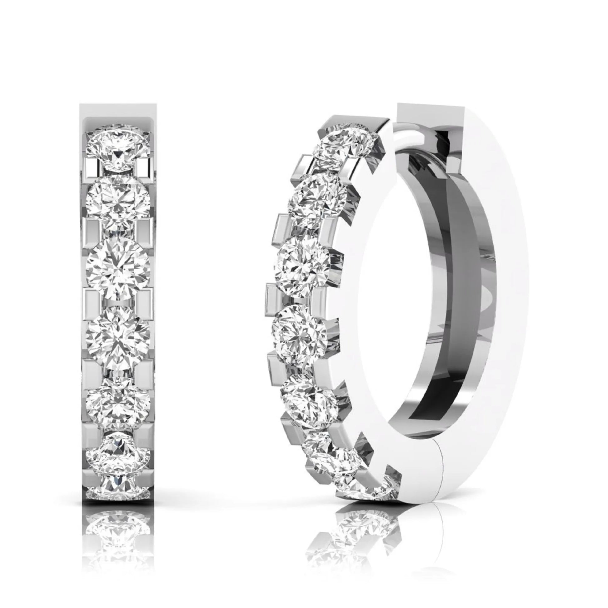 Round cut lab grown diamond prong set hoop earrings with hinged snap closure in yellow white gold design