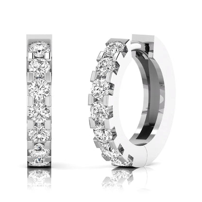Round cut lab grown diamond prong set hoop earrings with hinged snap closure in yellow white gold design