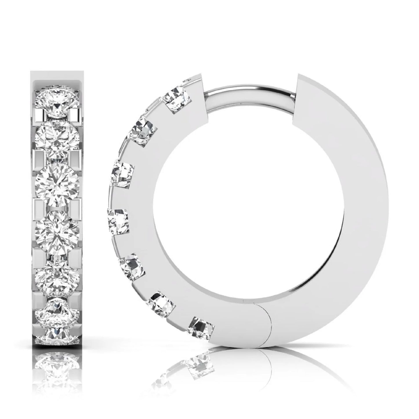 Round cut lab grown diamond prong set hoop earrings with hinged snap closure in yellow white gold design