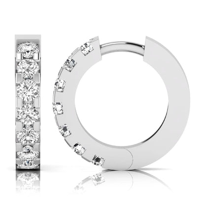 Round cut lab grown diamond prong set hoop earrings with hinged snap closure in yellow white gold design