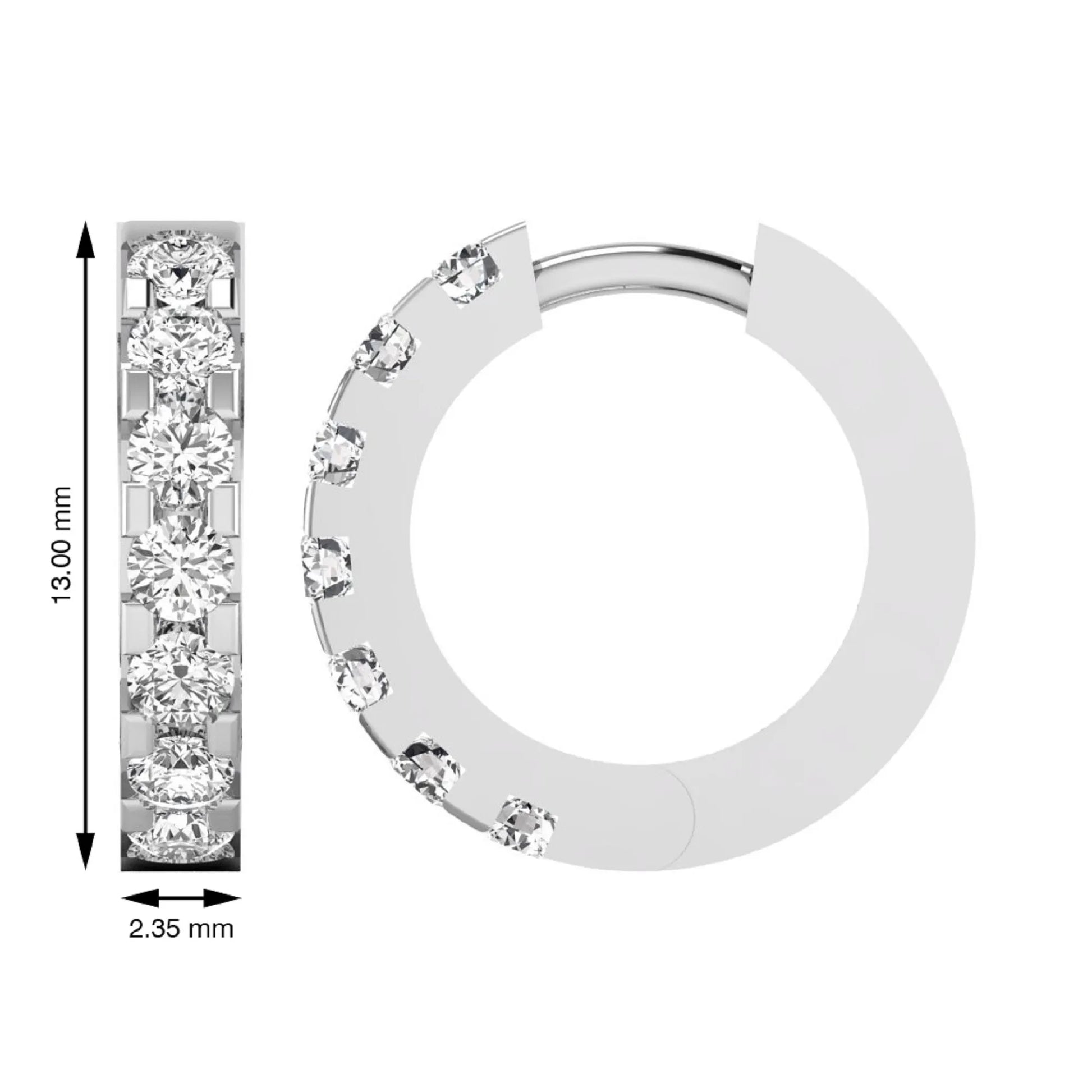 Round cut lab grown diamond prong set hoop earrings with hinged snap closure in yellow white gold design