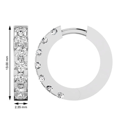 Round cut lab grown diamond prong set hoop earrings with hinged snap closure in yellow white gold design