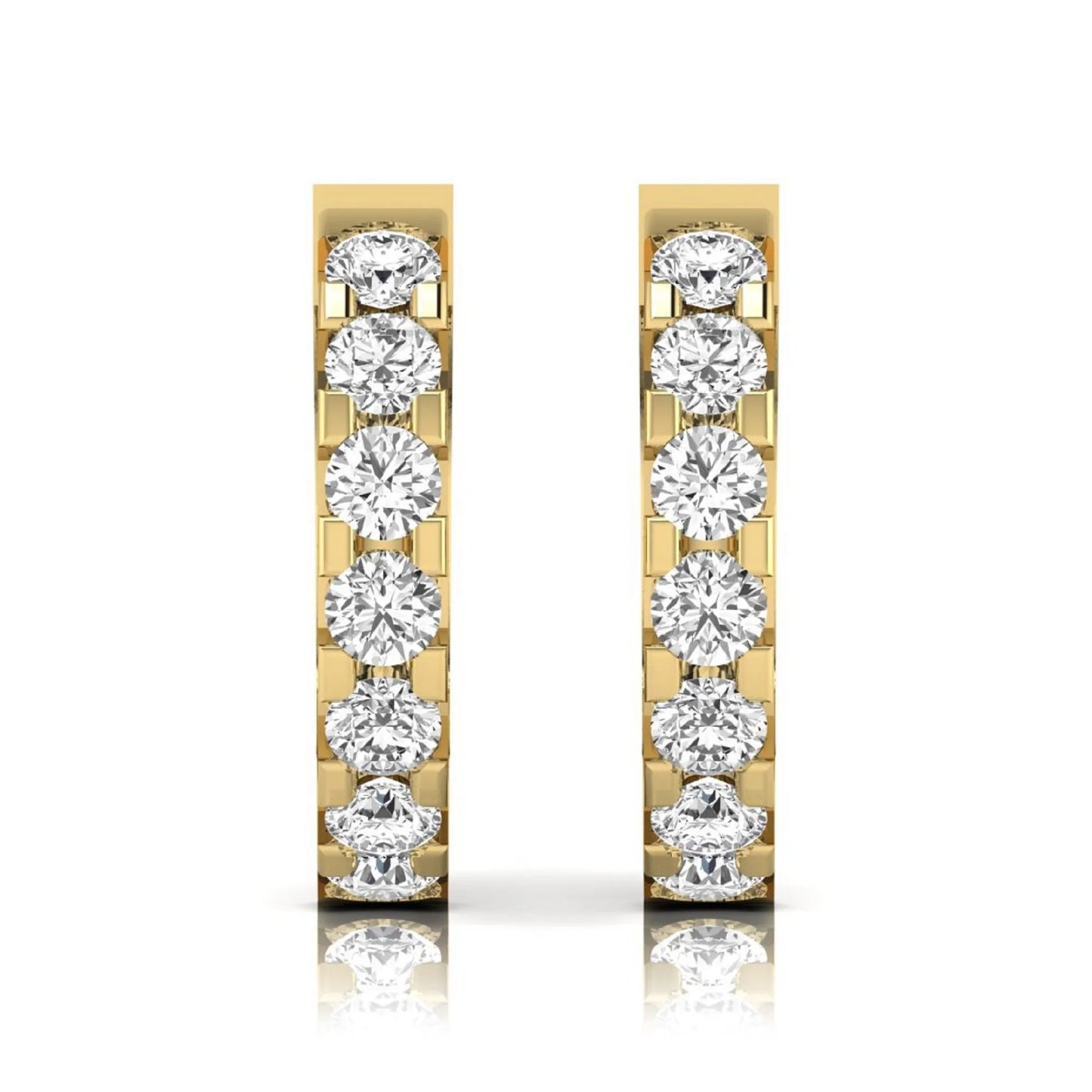 Round cut lab grown diamond prong set hoop earrings with hinged snap closure in yellow yellow gold design