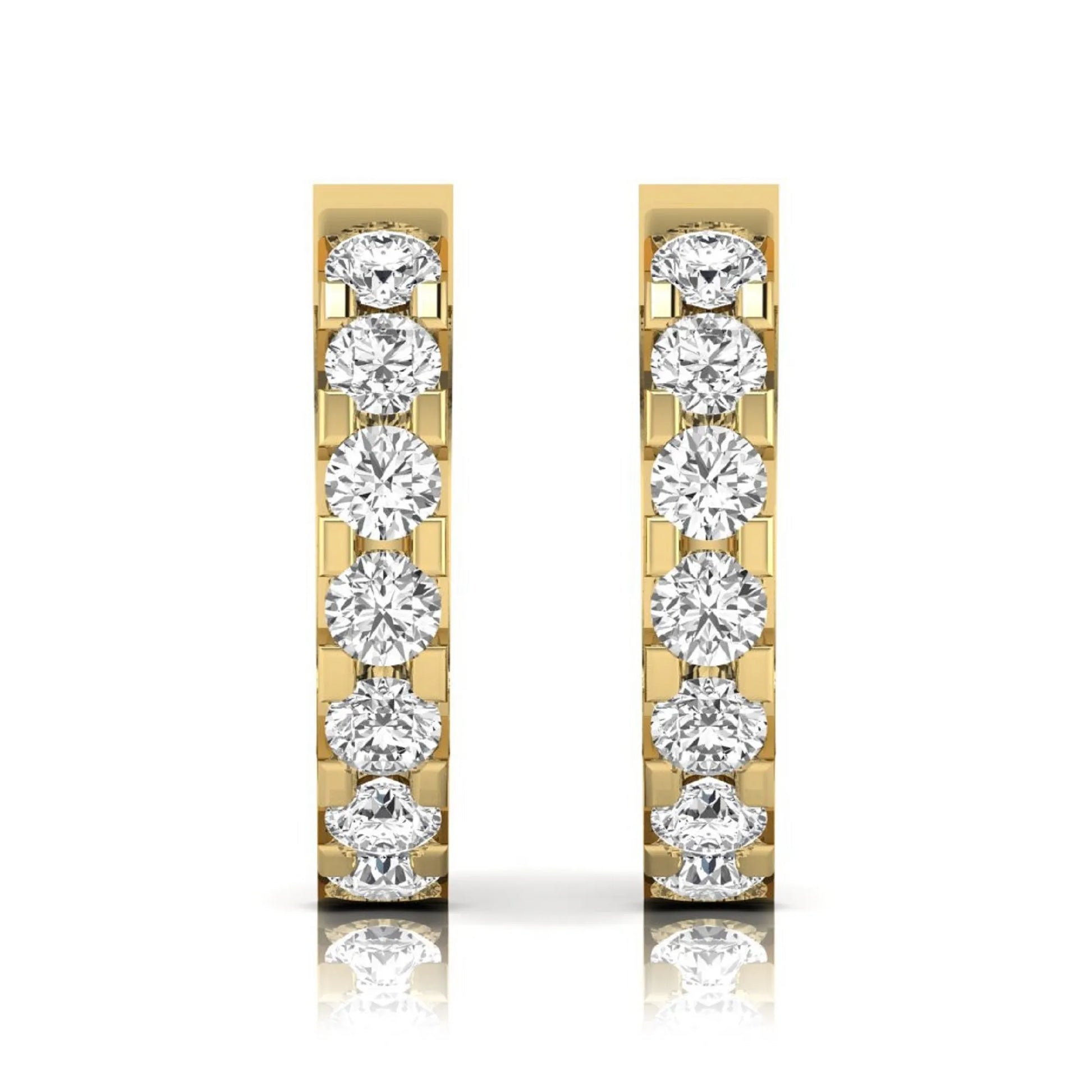 Round cut lab grown diamond prong set hoop earrings with hinged snap closure in yellow yellow gold design