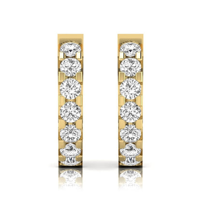 Round cut lab grown diamond prong set hoop earrings with hinged snap closure in yellow yellow gold design