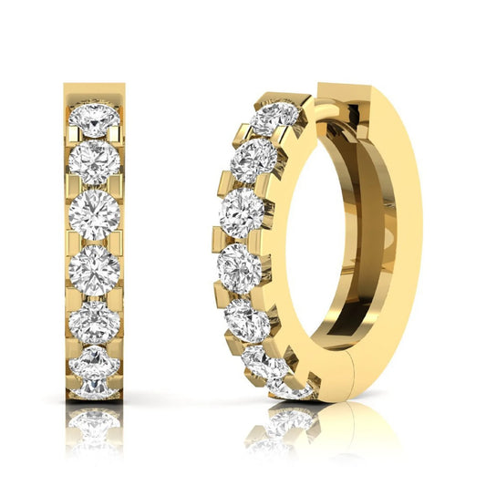 Round cut lab grown diamond prong set hoop earrings with hinged snap closure in yellow yellow gold design