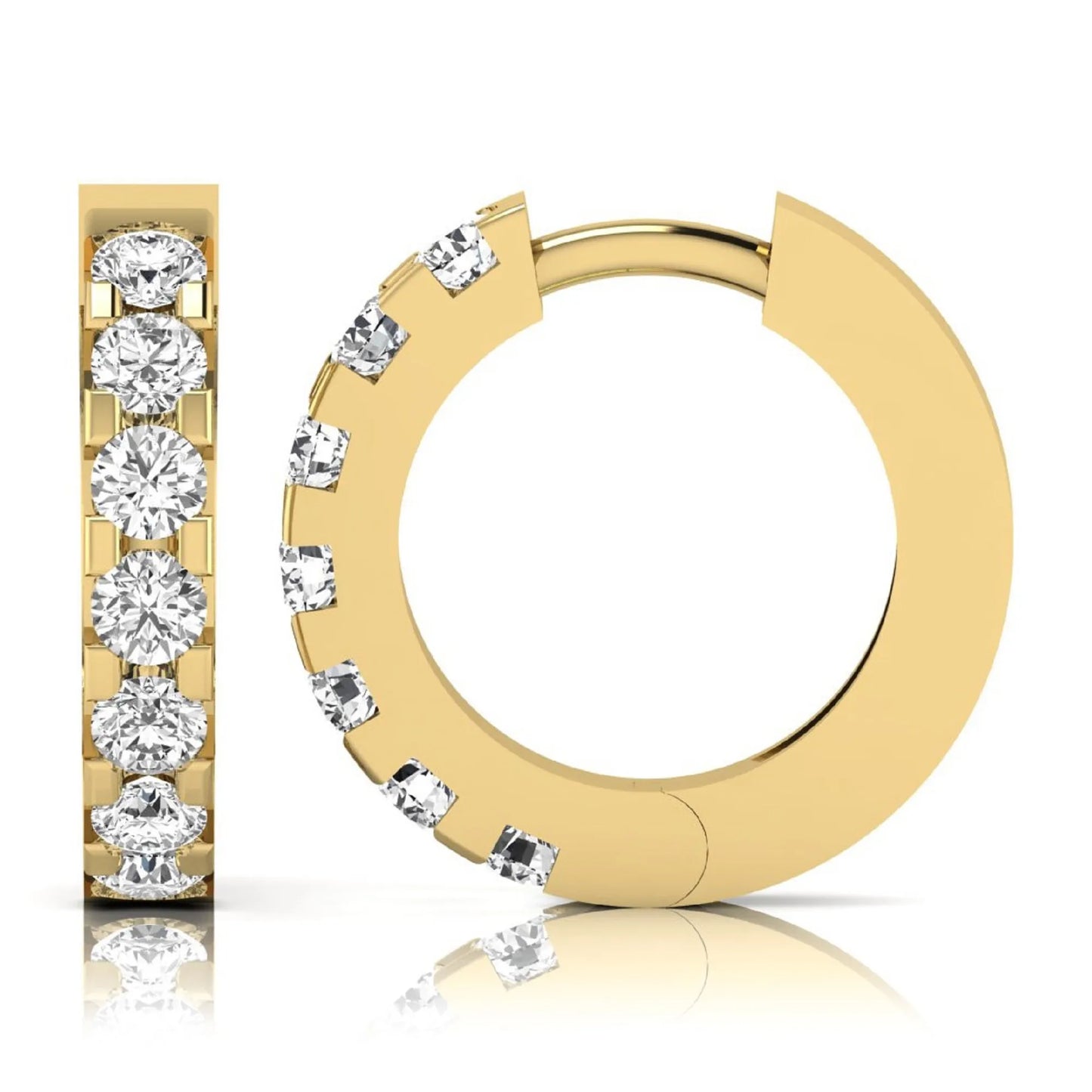 Round cut lab grown diamond prong set hoop earrings with hinged snap closure in yellow yellow gold design