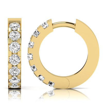 Round cut lab grown diamond prong set hoop earrings with hinged snap closure in yellow yellow gold design