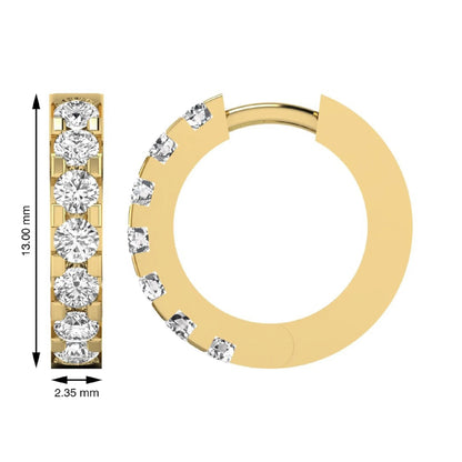 Round cut lab grown diamond prong set hoop earrings with hinged snap closure in yellow yellow gold design