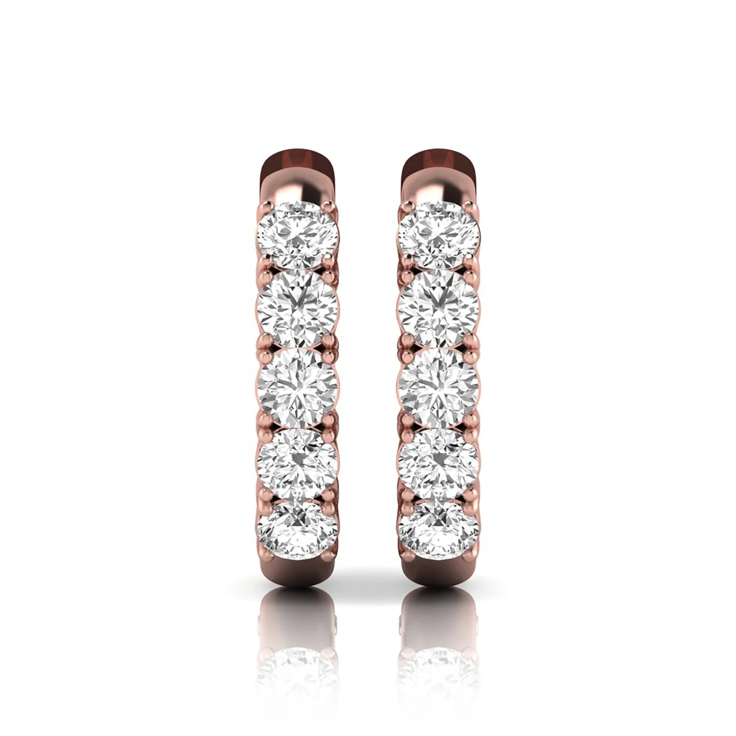 Round cut lab grown diamond front-facing huggie hoop earrings featuring a shared four prong setting, hinged snap closure, and polished rose gold finish.