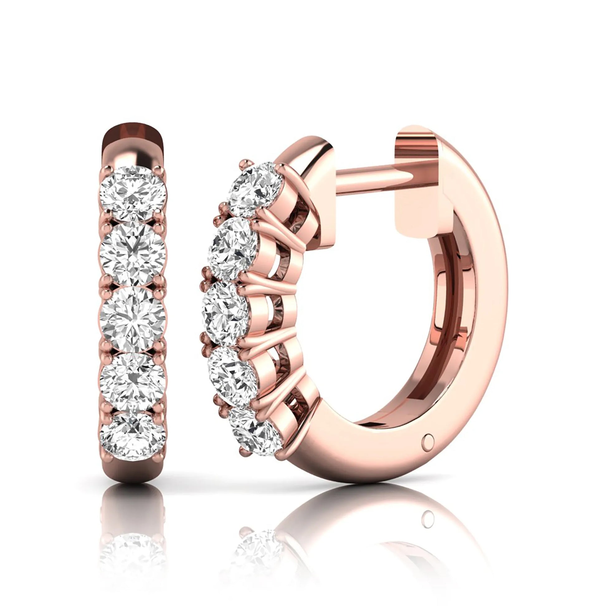 Round cut lab grown diamond front-facing huggie hoop earrings featuring a shared four prong setting, hinged snap closure, and polished rose gold finish.