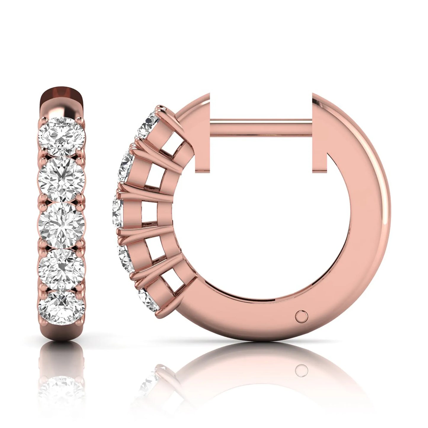 Round cut lab grown diamond front-facing huggie hoop earrings featuring a shared four prong setting, hinged snap closure, and polished rose gold finish.