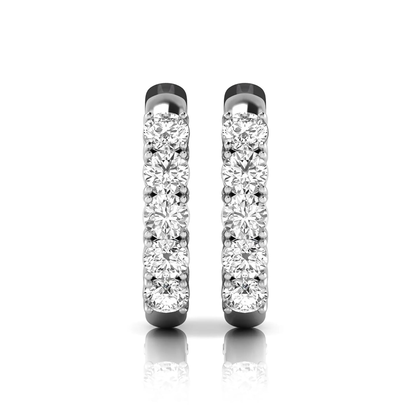 Round cut lab grown diamond front-facing huggie hoop earrings featuring a shared four prong setting, hinged snap closure, and polished white gold finish.