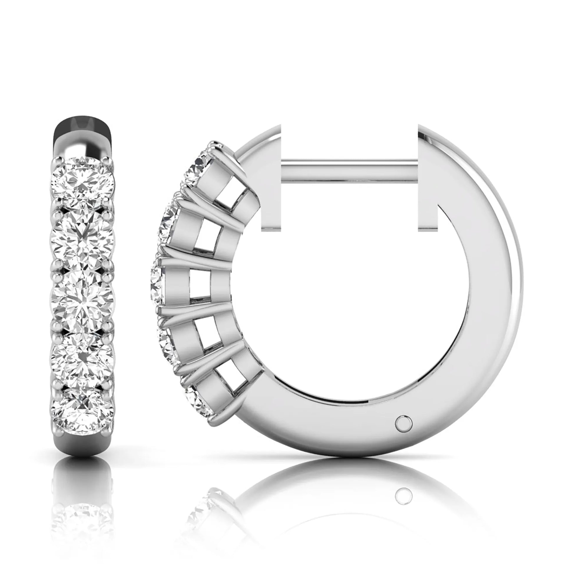 Round cut lab grown diamond front-facing huggie hoop earrings featuring a shared four prong setting, hinged snap closure, and polished white gold finish.