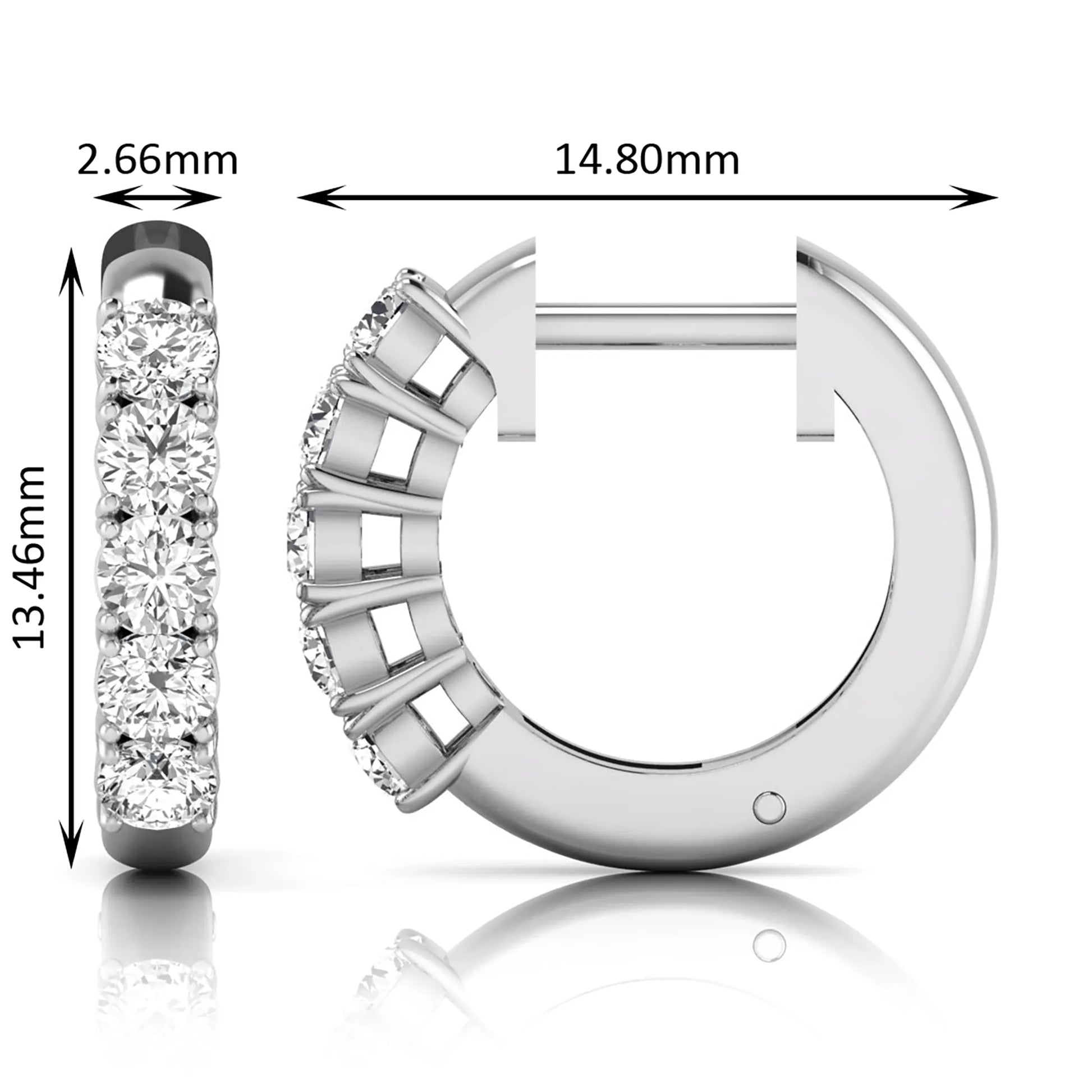 Round cut lab grown diamond front-facing huggie hoop earrings featuring a shared four prong setting, hinged snap closure, and polished white gold finish.