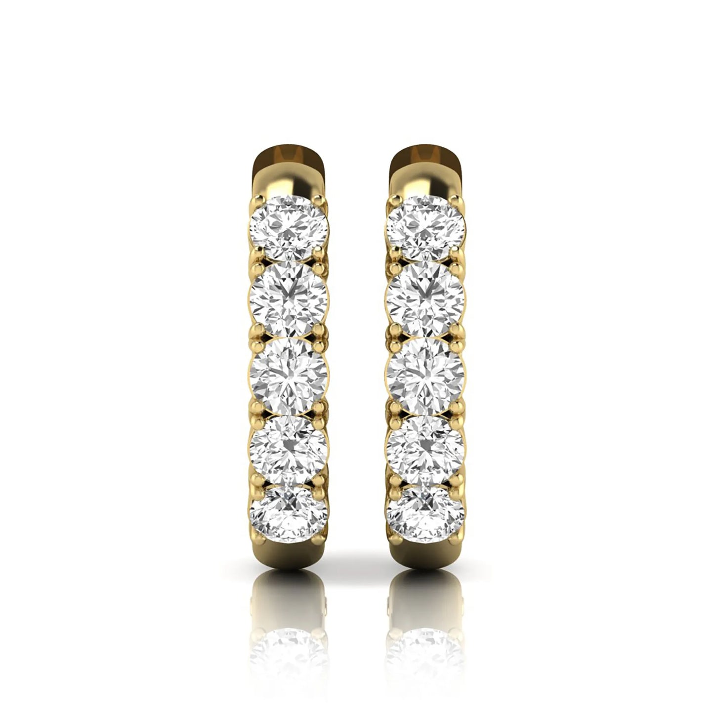 Round cut lab grown diamond front-facing huggie hoop earrings featuring a shared four prong setting, hinged snap closure, and polished yellow gold finish.