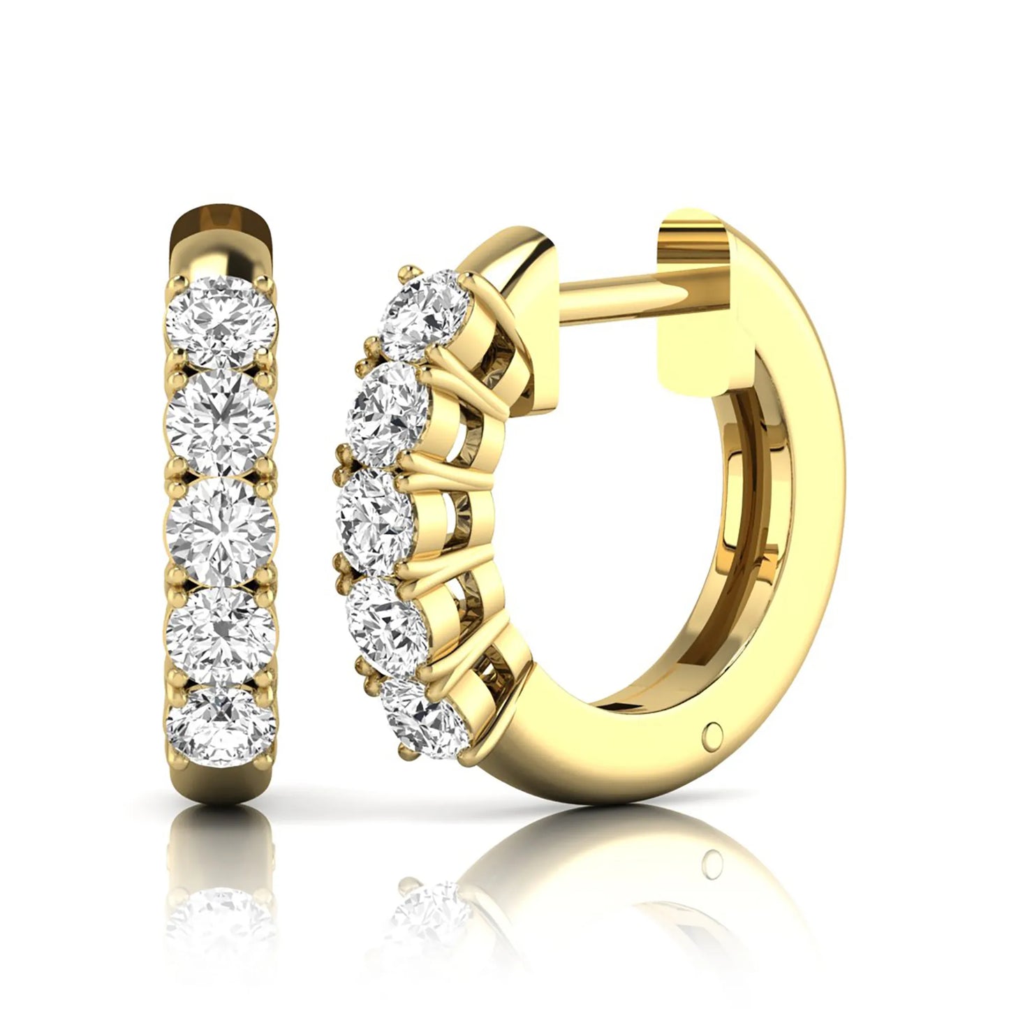Round cut lab grown diamond front-facing huggie hoop earrings featuring a shared four prong setting, hinged snap closure, and polished yellow gold finish.