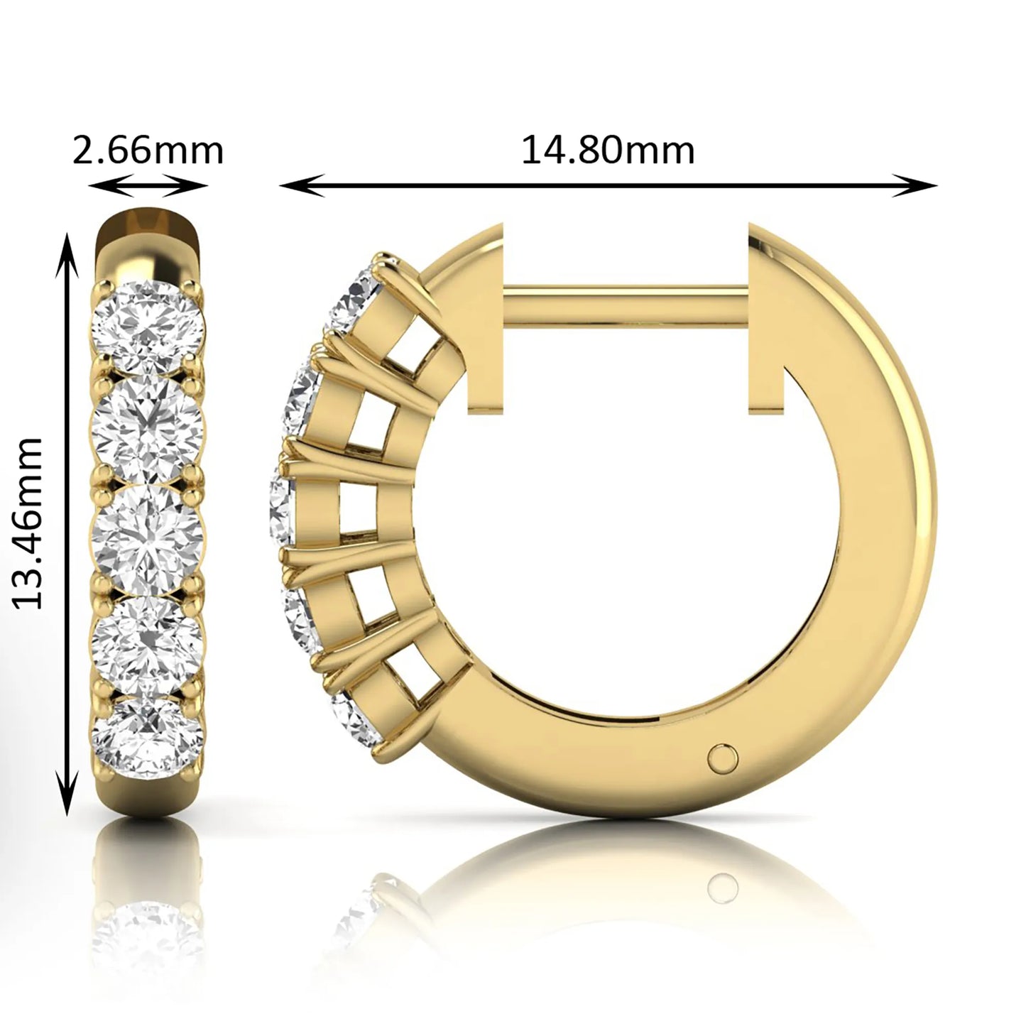 Round cut lab grown diamond front-facing huggie hoop earrings featuring a shared four prong setting, hinged snap closure, and polished yellow gold finish.