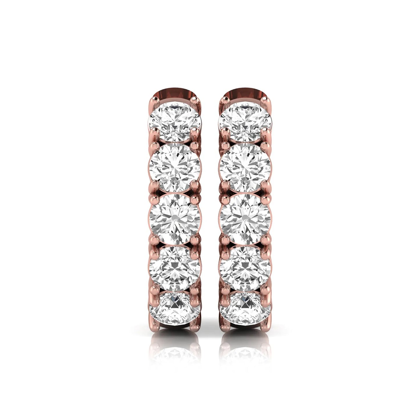 Round cut lab grown diamond huggie hoop earrings featuring five front-facing diamonds in a shared four prong setting with a hinged snap closure and polished rose gold finish.