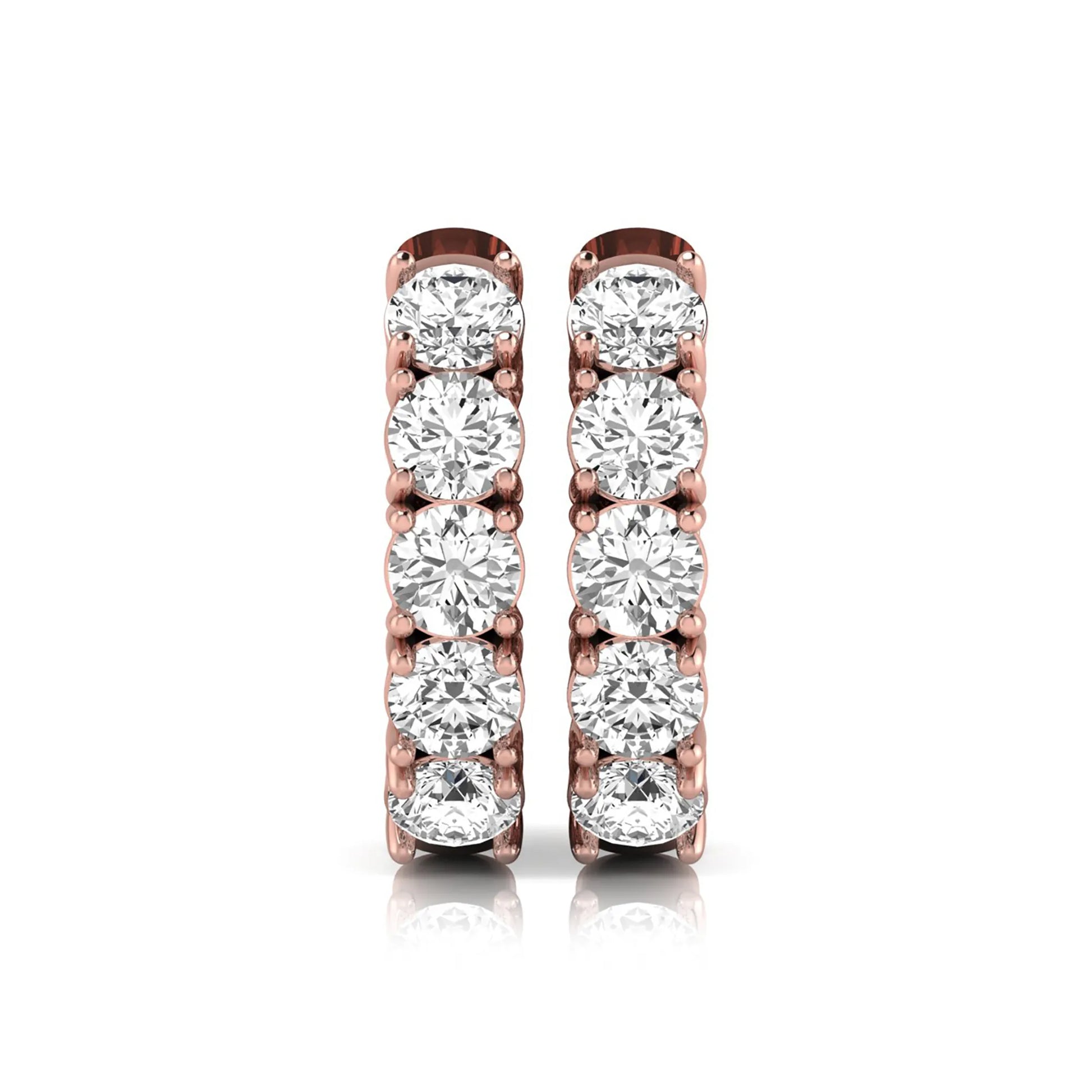 Round cut lab grown diamond huggie hoop earrings featuring five front-facing diamonds in a shared four prong setting with a hinged snap closure and polished rose gold finish.