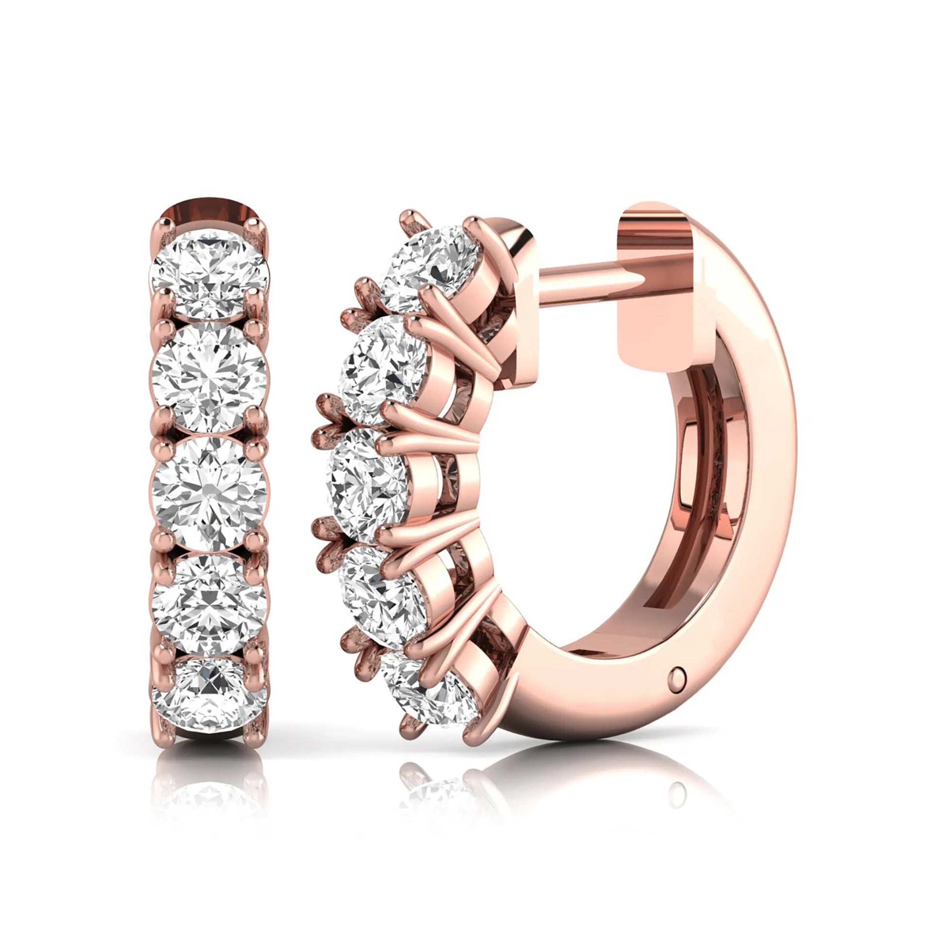 Round cut lab grown diamond huggie hoop earrings featuring five front-facing diamonds in a shared four prong setting with a hinged snap closure and polished rose gold finish.