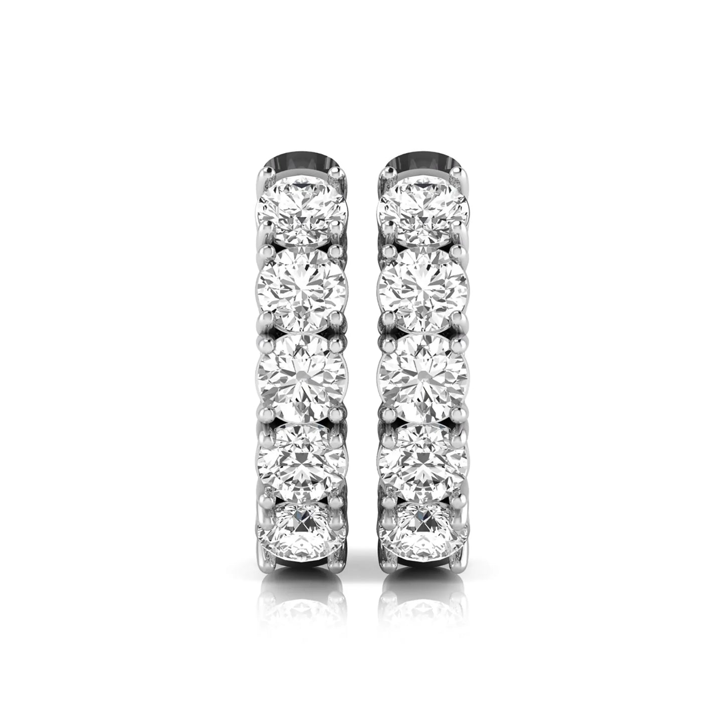 Round cut lab grown diamond huggie hoop earrings featuring five front-facing diamonds in a shared four prong setting with a hinged snap closure and polished white gold finish.