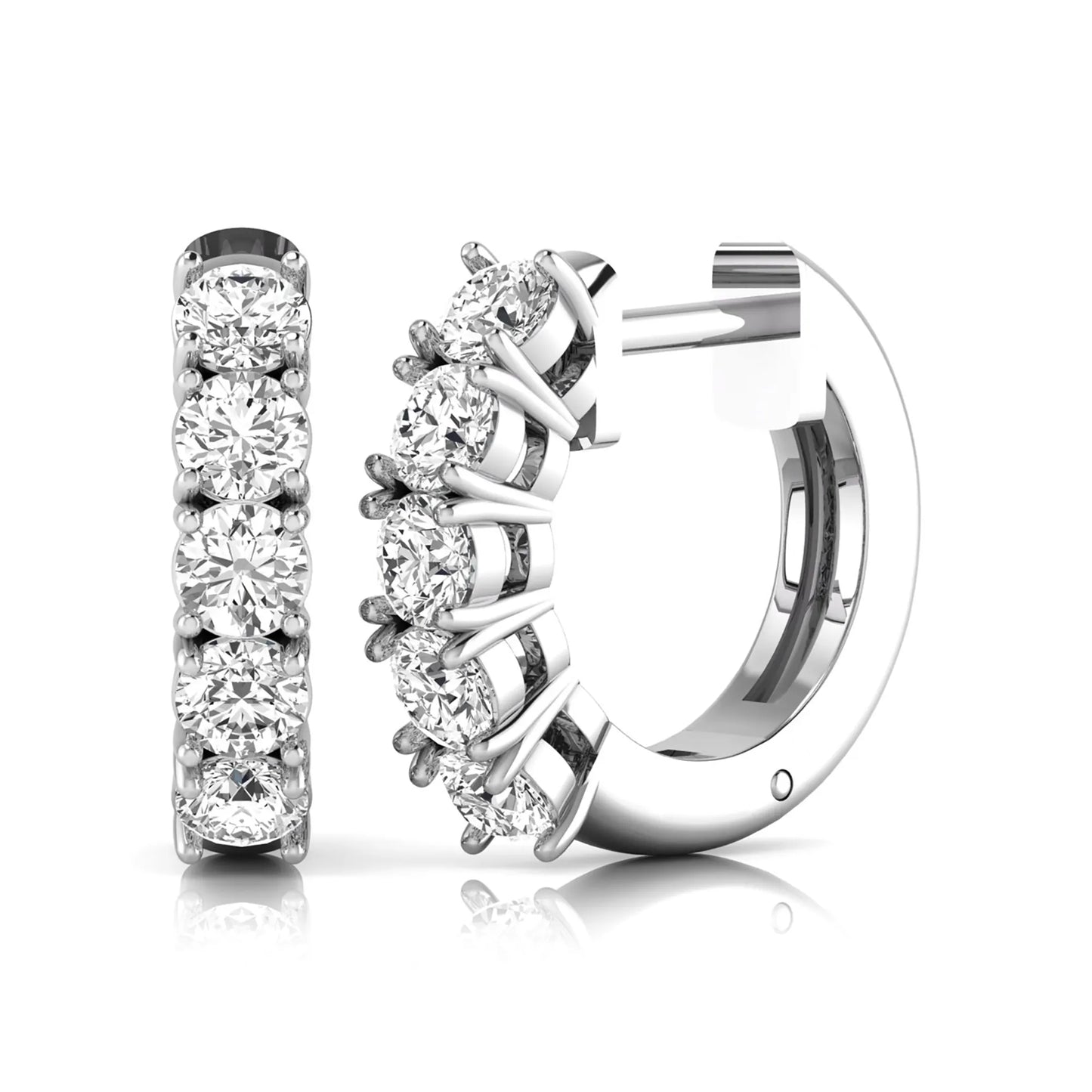 Round cut lab grown diamond huggie hoop earrings featuring five front-facing diamonds in a shared four prong setting with a hinged snap closure and polished white gold finish.