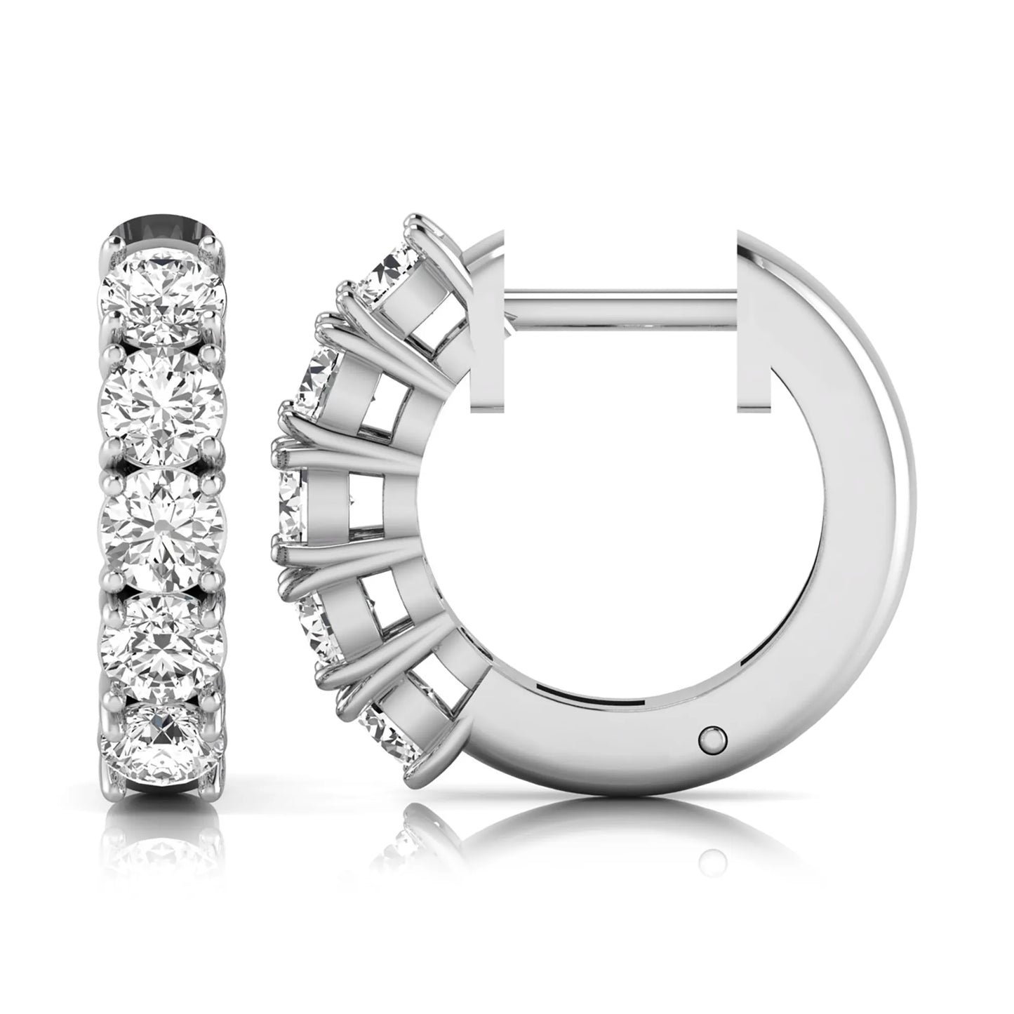 Round cut lab grown diamond huggie hoop earrings featuring five front-facing diamonds in a shared four prong setting with a hinged snap closure and polished white gold finish.