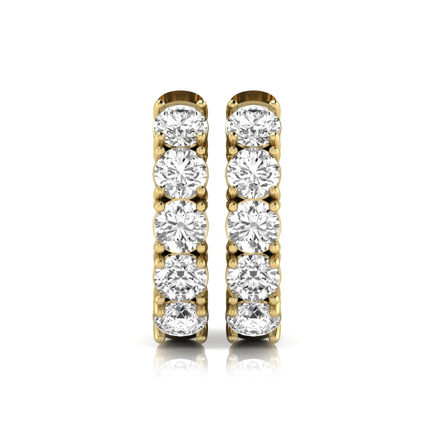Round cut lab grown diamond huggie hoop earrings featuring five front-facing diamonds in a shared four prong setting with a hinged snap closure and polished yellow gold finish.