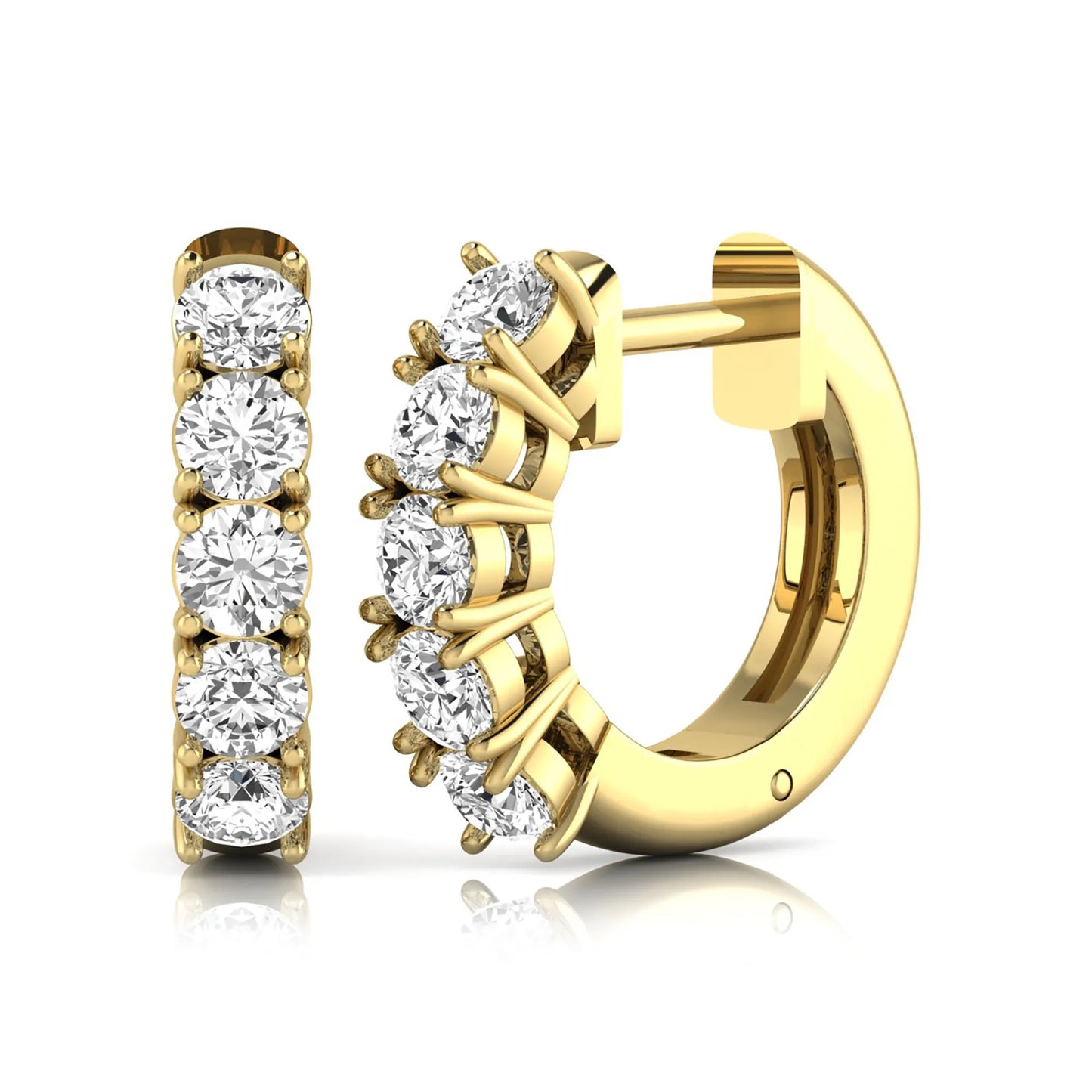 Round cut lab grown diamond huggie hoop earrings featuring five front-facing diamonds in a shared four prong setting with a hinged snap closure and polished yellow gold finish.