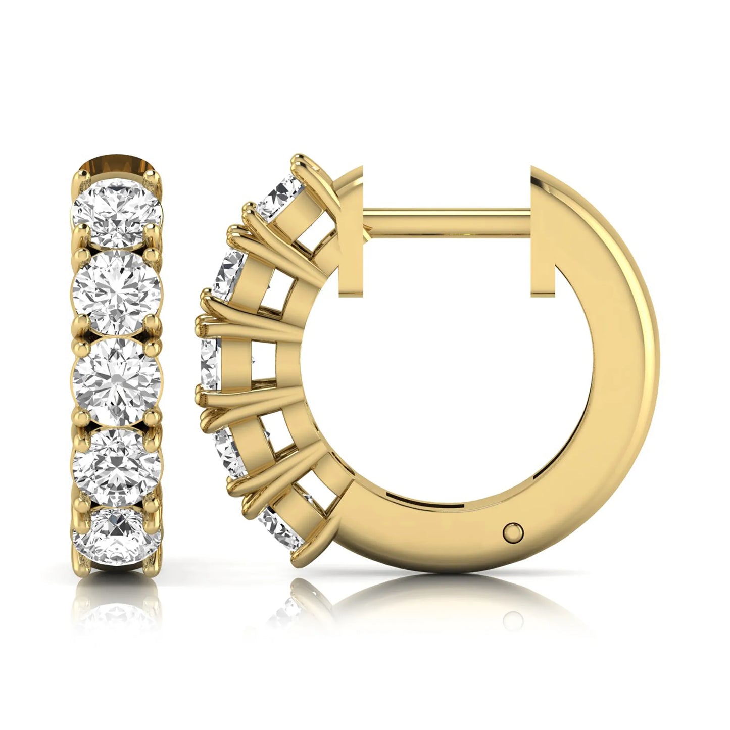 Round cut lab grown diamond huggie hoop earrings featuring five front-facing diamonds in a shared four prong setting with a hinged snap closure and polished yellow gold finish.