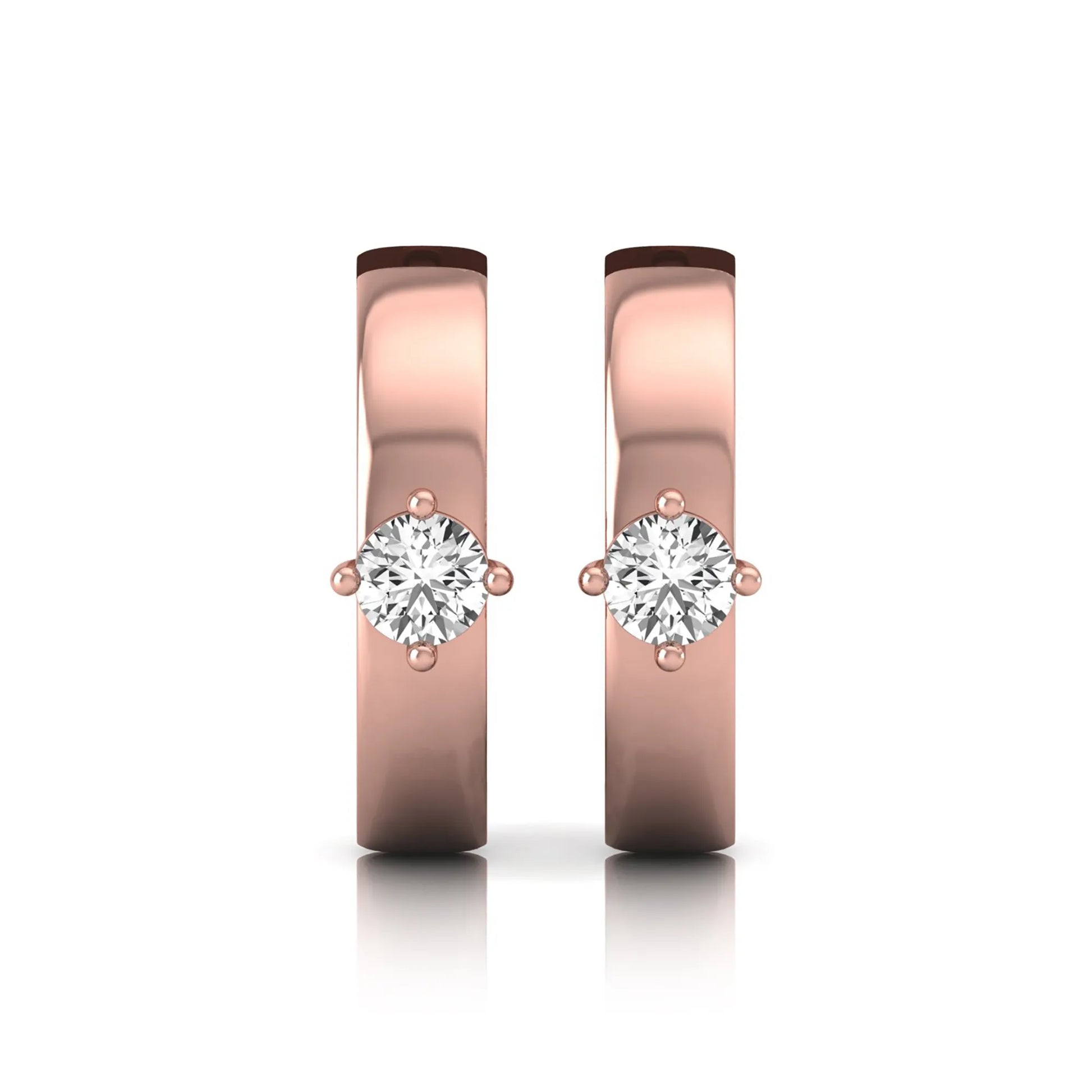 Round cut lab grown diamond huggie hoop earrings featuring a four prong setting and hinged snap closure shown in rose gold tone with a polished finish.