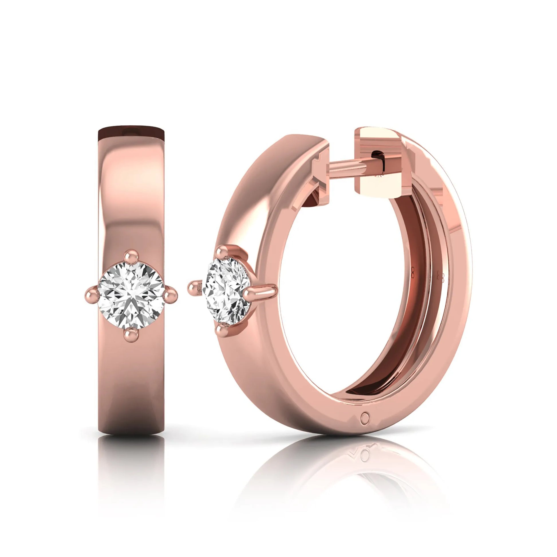 Round cut lab grown diamond huggie hoop earrings featuring a four prong setting and hinged snap closure shown in rose gold tone with a polished finish.