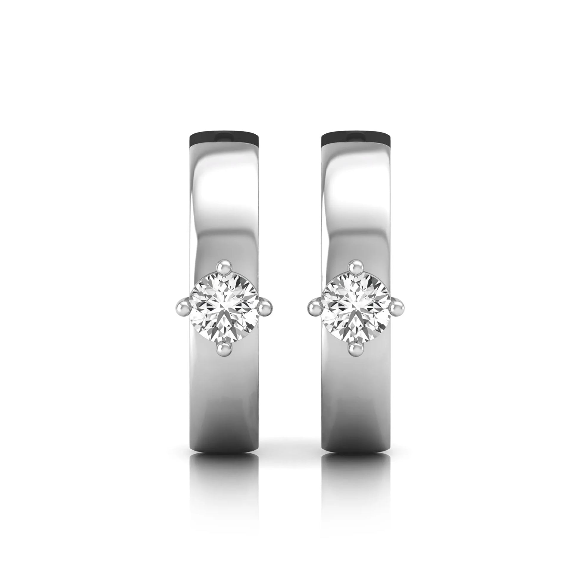 Round cut lab grown diamond huggie hoop earrings featuring a four prong setting and hinged snap closure shown in white gold tone with a polished finish.