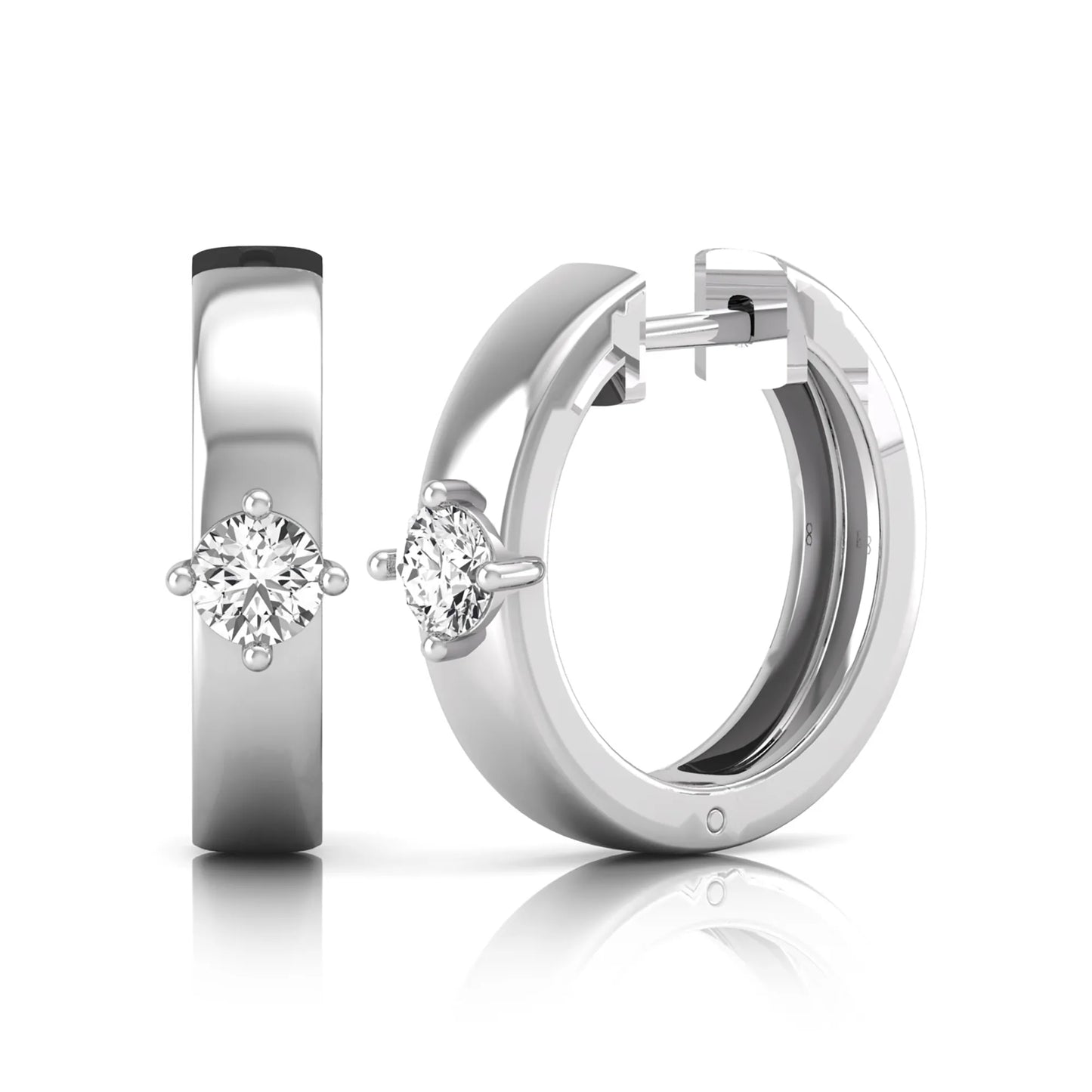 Round cut lab grown diamond huggie hoop earrings featuring a four prong setting and hinged snap closure shown in white gold tone with a polished finish.