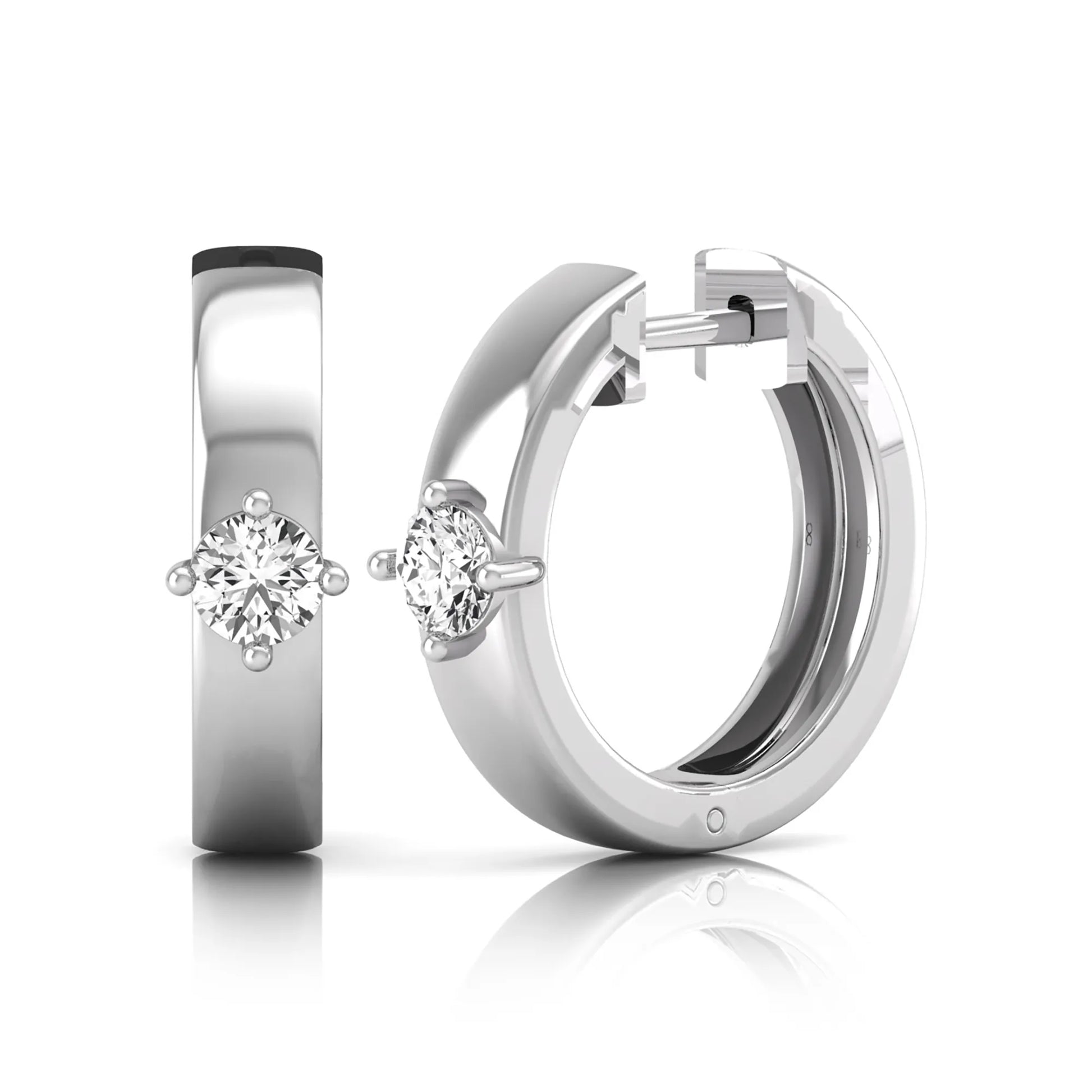 Round cut lab grown diamond huggie hoop earrings featuring a four prong setting and hinged snap closure shown in white gold tone with a polished finish.