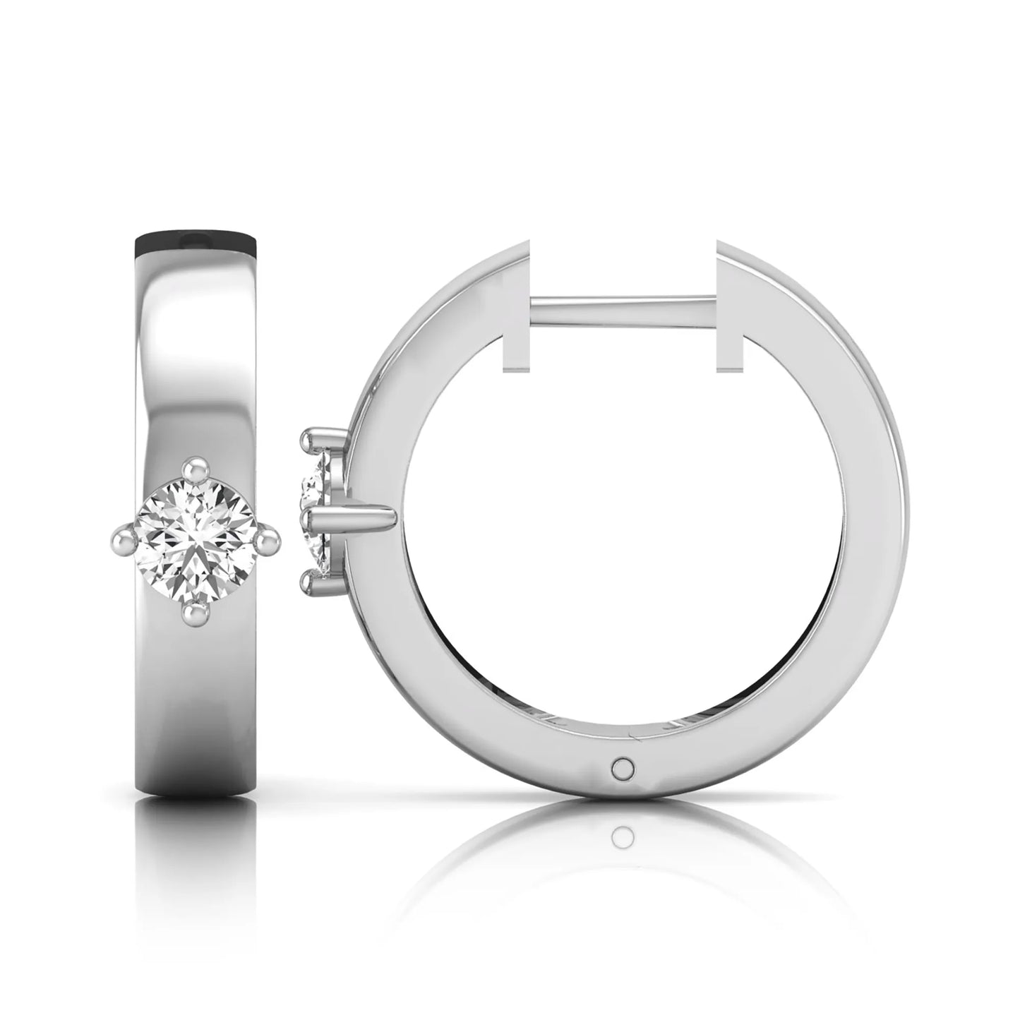 Round cut lab grown diamond huggie hoop earrings featuring a four prong setting and hinged snap closure shown in white gold tone with a polished finish.