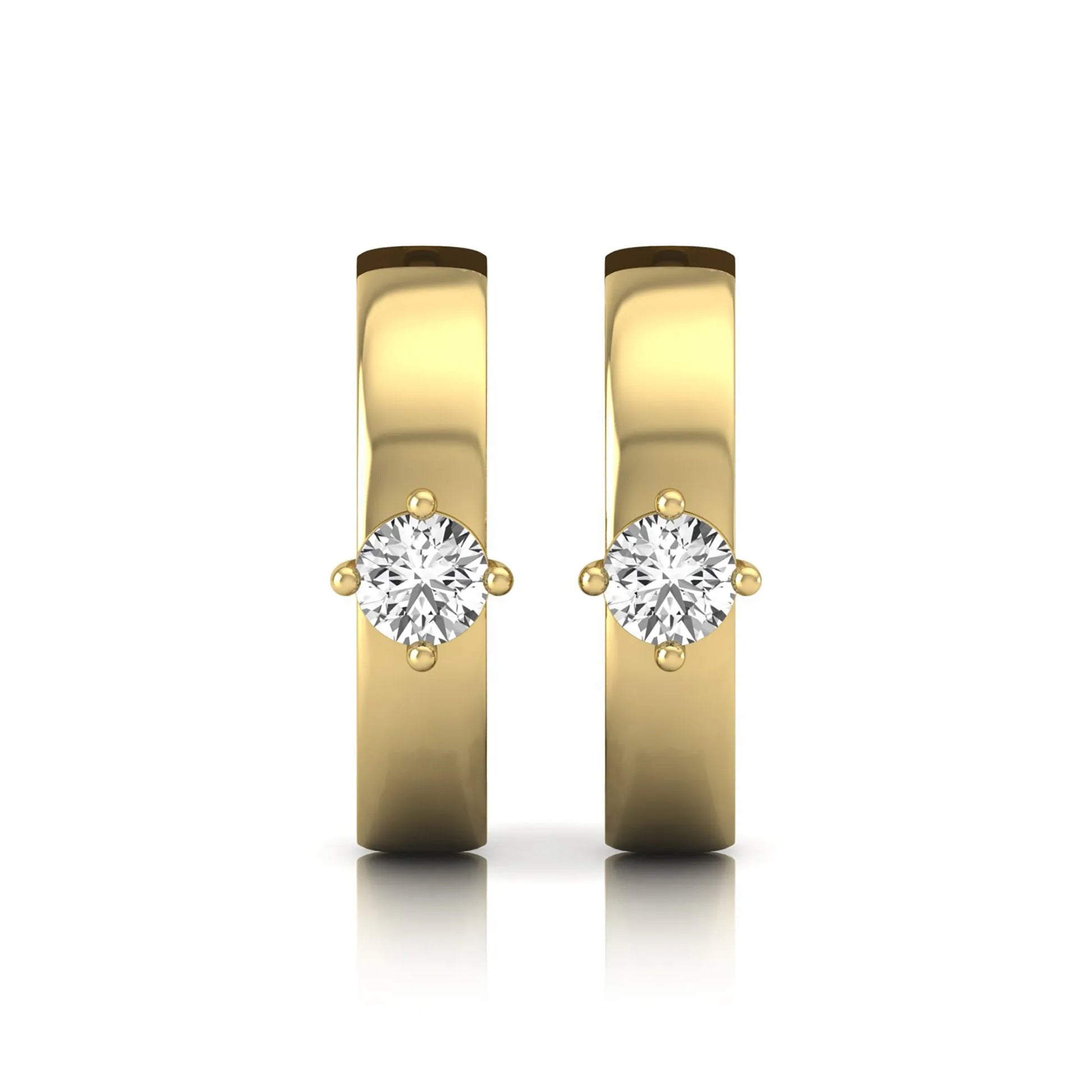 Round cut lab grown diamond huggie hoop earrings featuring a four prong setting and hinged snap closure shown in yellow gold tone with a polished finish.