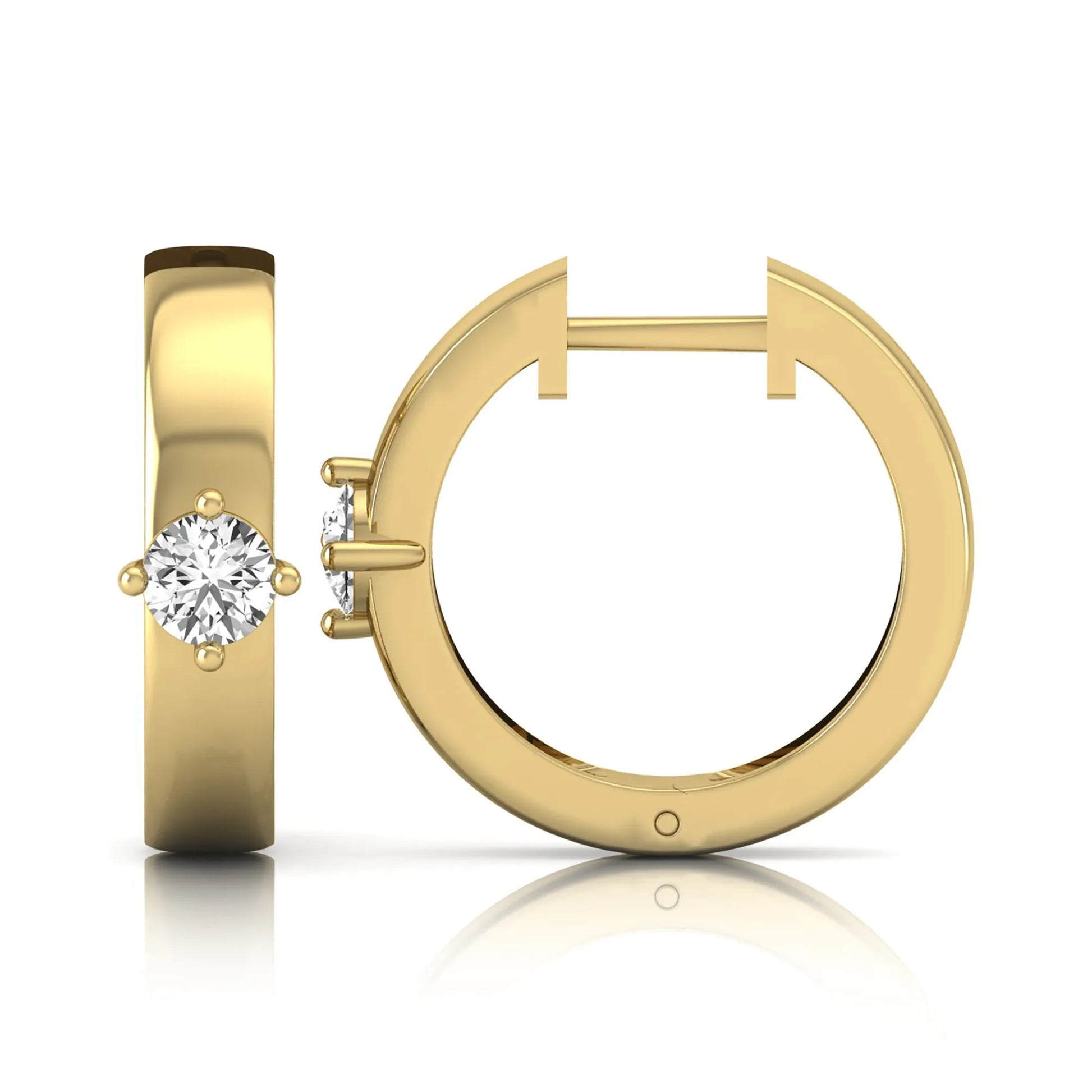 Round cut lab grown diamond huggie hoop earrings featuring a four prong setting and hinged snap closure shown in yellow gold tone with a polished finish.