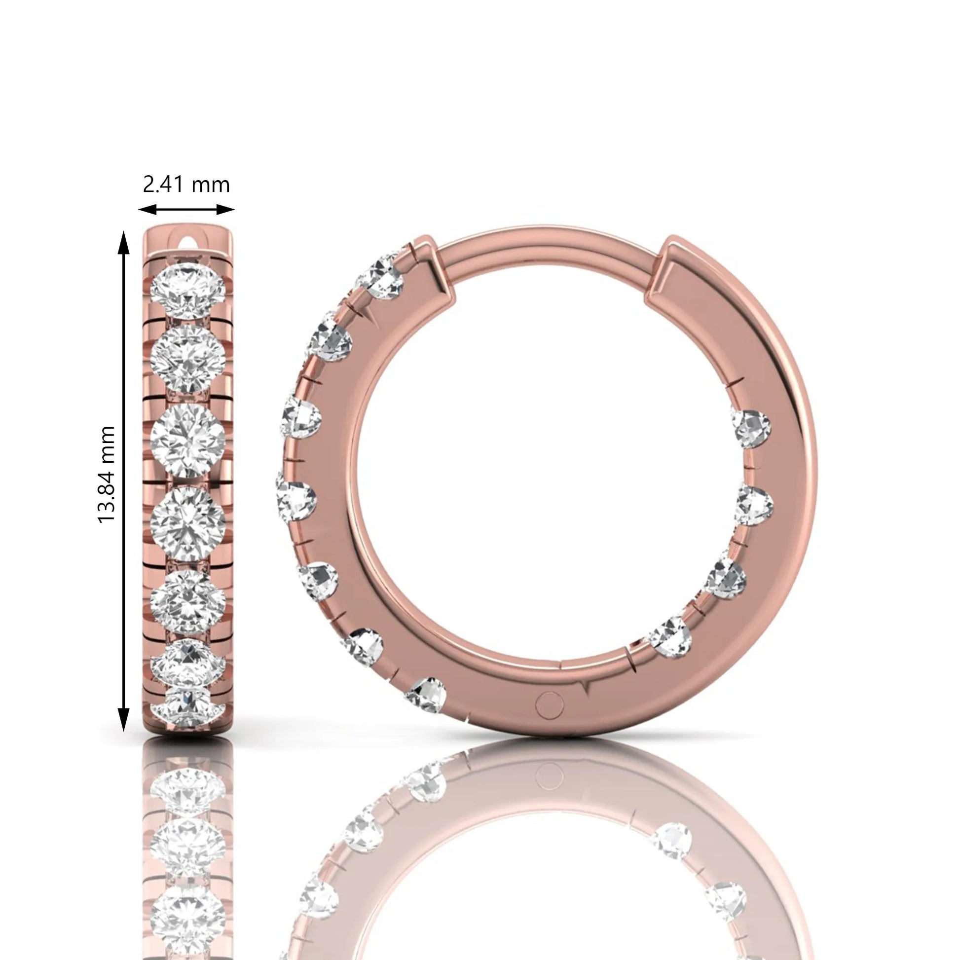 Round prong set lab grown diamond huggie hoop earrings featuring round cut diamonds in a classic hinged hoop design with rose gold tone shown for display.