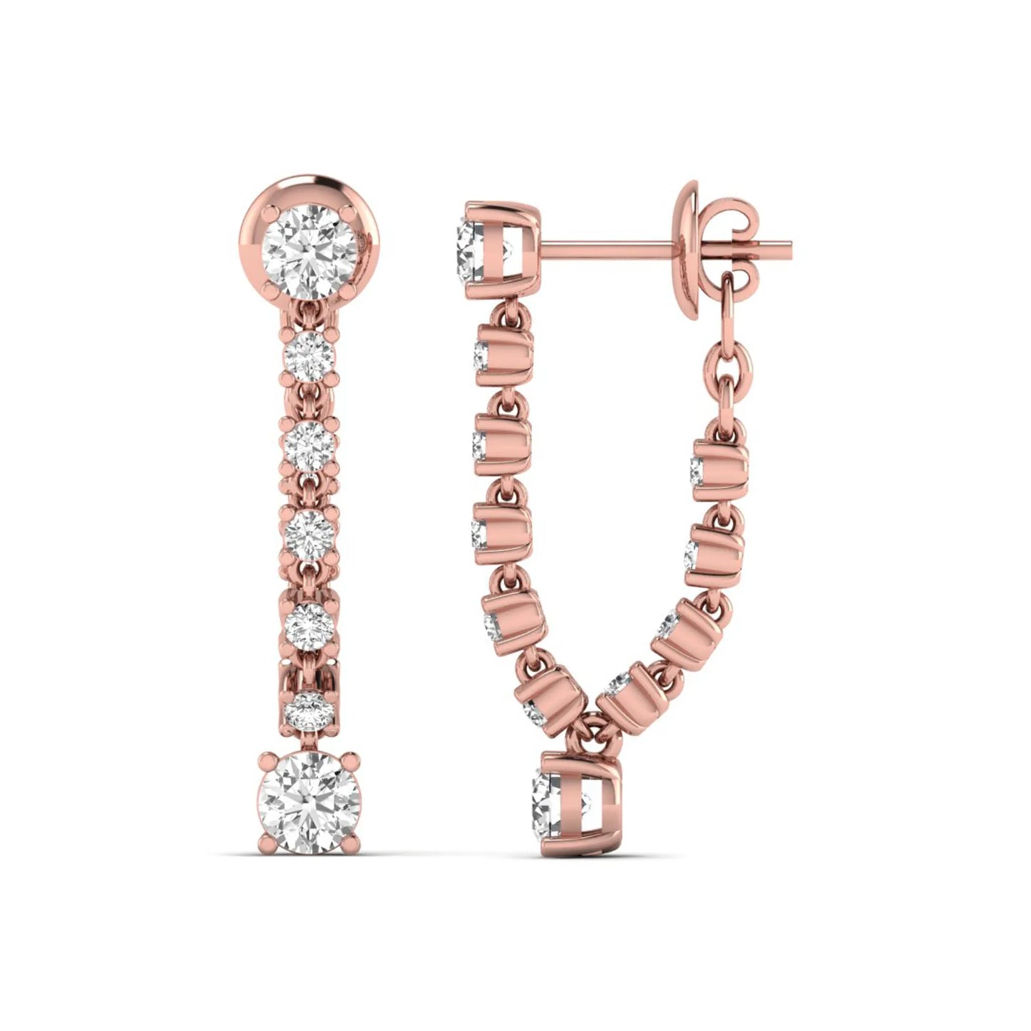 Round prong set lab grown diamond linear drop earrings featuring graduated round diamonds in a rose gold finish with push back closure.