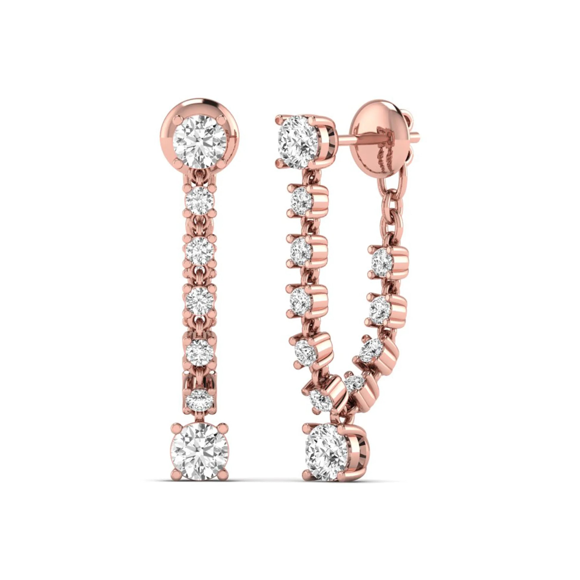 Round prong set lab grown diamond linear drop earrings featuring graduated round diamonds in a rose gold finish with push back closure.