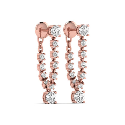 Round prong set lab grown diamond linear drop earrings featuring graduated round diamonds in a rose gold finish with push back closure.