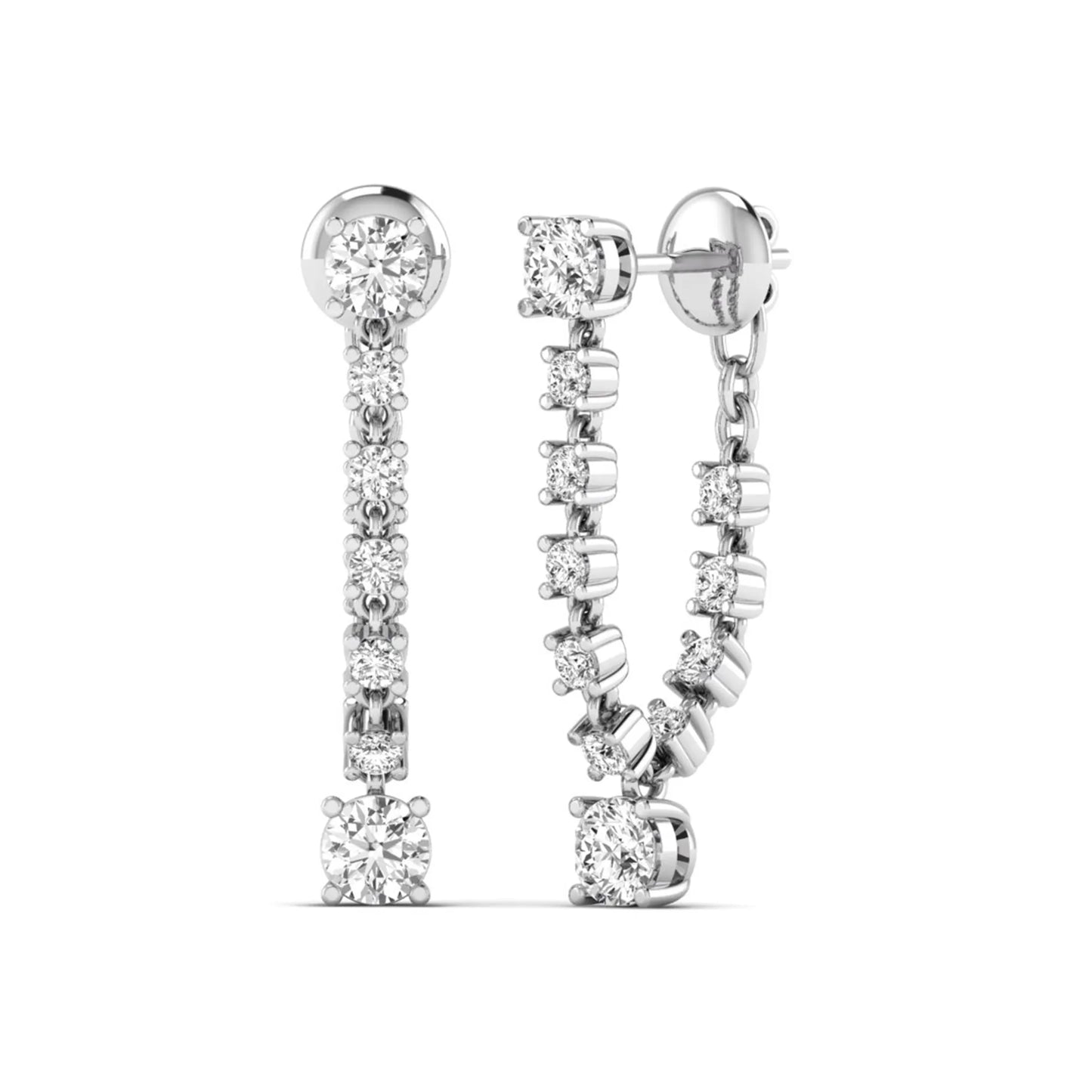 Round prong set lab grown diamond linear drop earrings featuring graduated round diamonds in a white gold finish with push back closure.