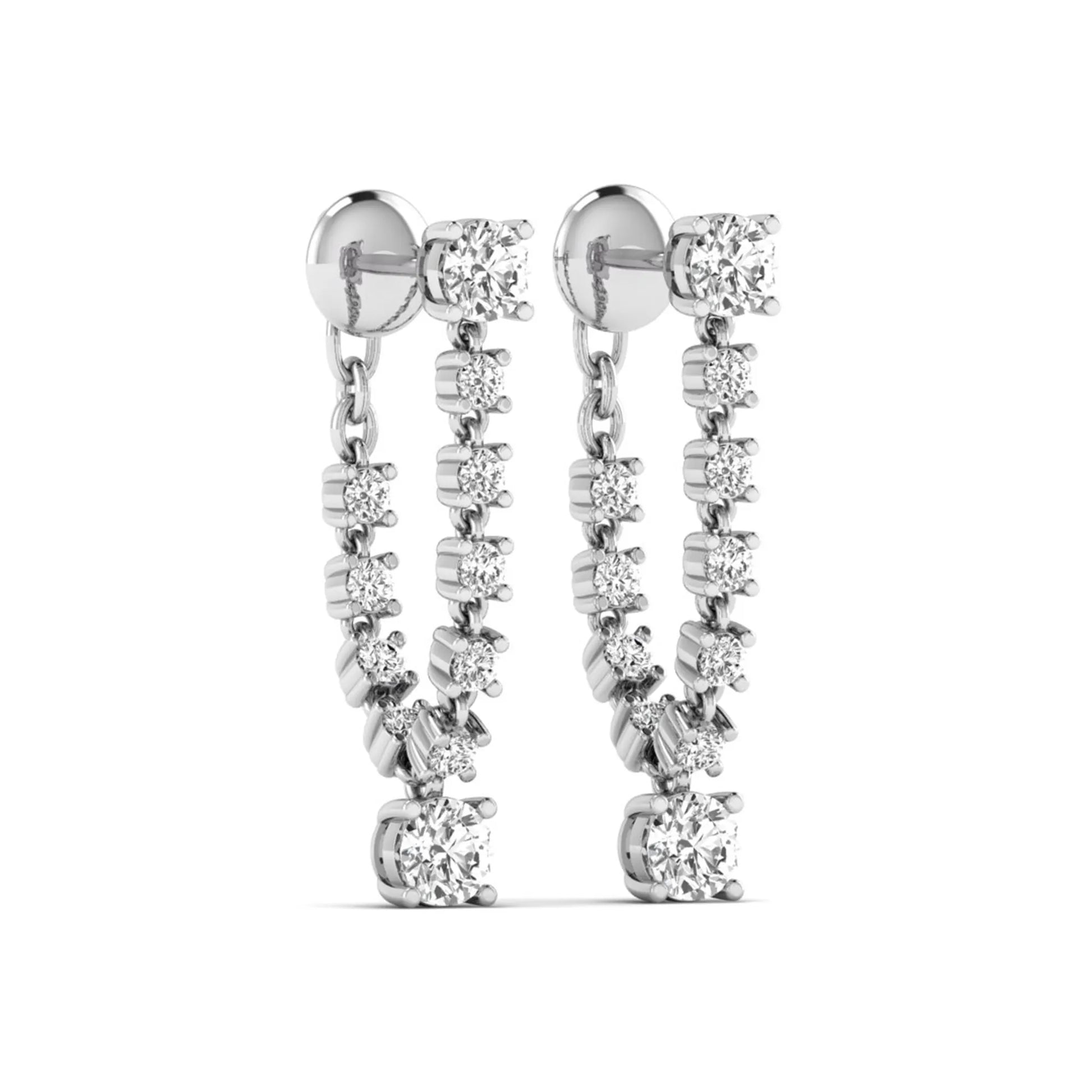 Round prong set lab grown diamond linear drop earrings featuring graduated round diamonds in a white gold finish with push back closure.